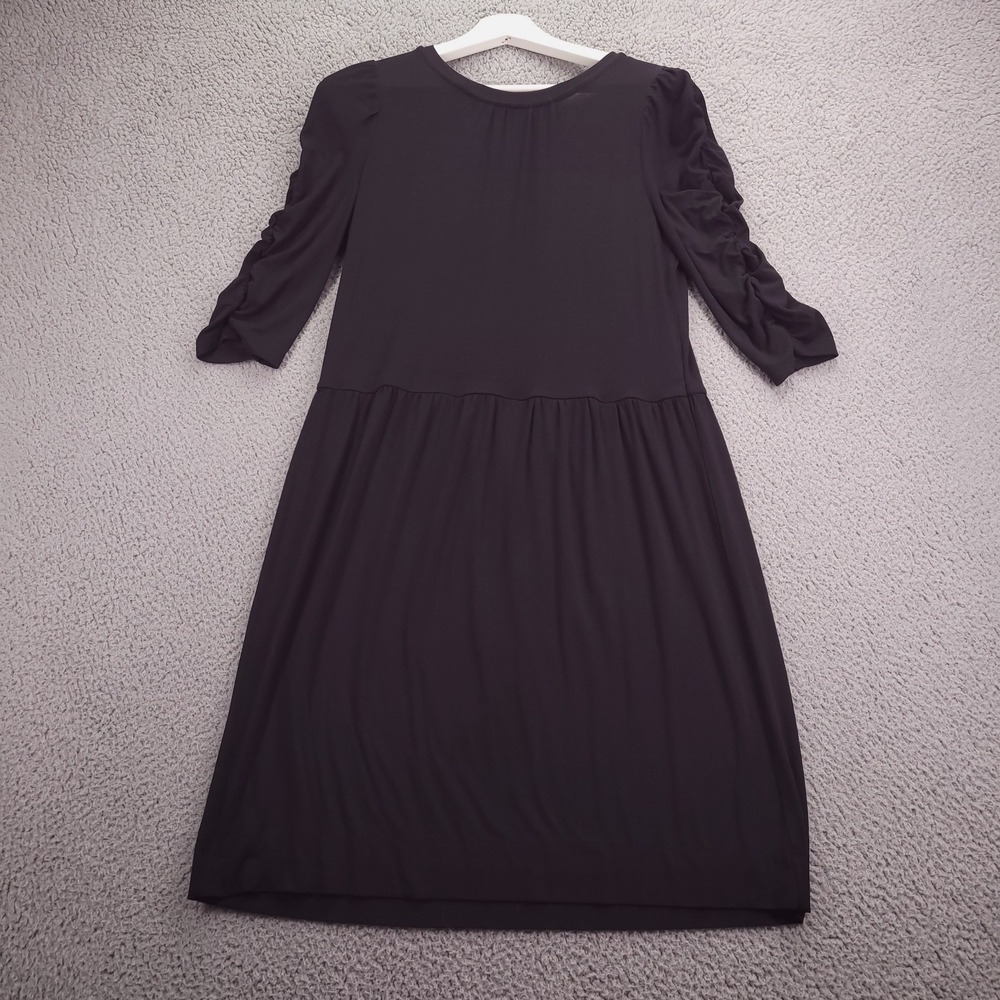 LOFT Dress Size SMALL Fit Flare Black Knit‎ Ruched 3/4 Sleeve Knee Length